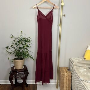 Sisley Sheer Burgundy Crinkle Cotton Tiered Maxi Dress XS